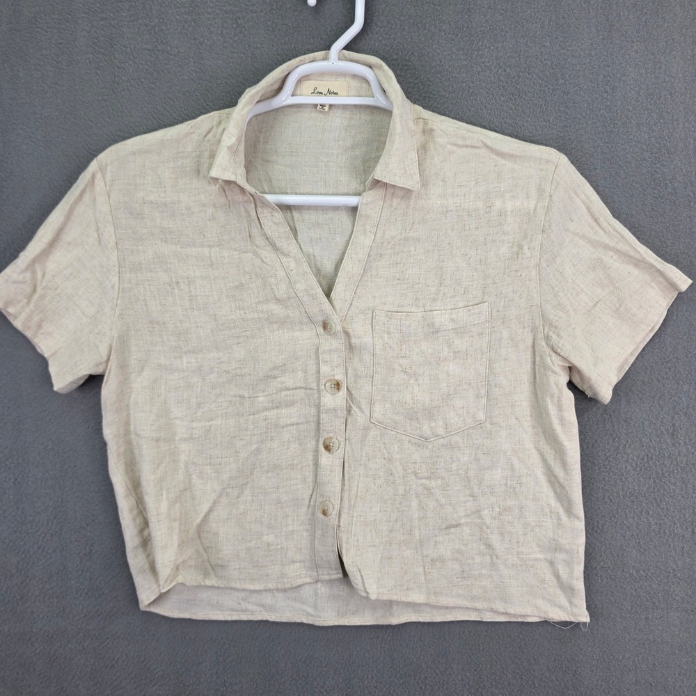 Love Notes Top Button Front Short Sleeve Linen Tan Beige Large Rayon Boho